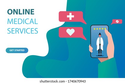 Telehealth Concept. Vector illustration of online medical services banner, hand holding phone image, blue and white color