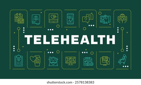 Telehealth dark green word concept. Integration of online technologies in medicine. Telemedicine. Horizontal vector image. Headline text surrounded by editable outline icons