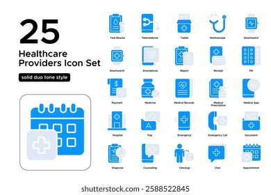 Telehealth and Digital Medicine. Healthcare Technology, Online Appointments, and Virtual Care. Vector Illustration. Solid duo tone icon set