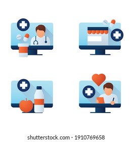  Telehealth flat icons set. Healthcare organizations platforms. Remote healthy check. Telemedicine, health care concept. Online medical examinations. Color vector illustration with shadow