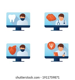  Telehealth flat icons set. Video meetings doctors with patients. Remote healthy check. Telemedicine, health care concept. Online medical examinations. Color vector illustration with shadow