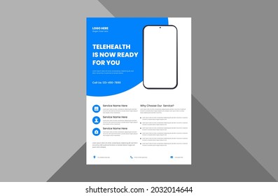 telehealth flyer design template. online medicine guide poster leaflet design template. a4 template, brochure design, cover, flyer, poster, print-ready