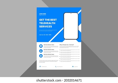 telehealth flyer design template. online medicine guide poster leaflet design template. a4 template, brochure design, cover, flyer, poster, print-ready