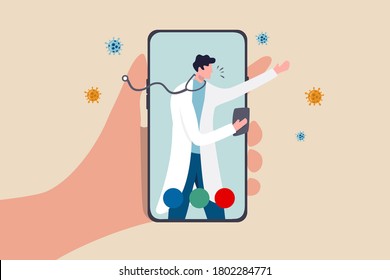 Telehealth health care technology doctor can diagnose and help patient via mobile phone or tele conference concept, patient hand carry mobile application with doctor, physician diagnose virus symptom.