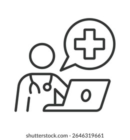 Telehealth, ícone em design de linha. Telehealth, saúde remota, medicina digital, médico virtual, consulta on-line, saúde em linha, aplicativo médico sobre vetor de fundo branco. Telehealth, traço editável