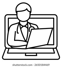 Ícone de telessaúde representado pelo médico no estilo de linha da tela do laptop.