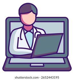 Telehealth icon represented by doctor in laptop screen Lineal Color style.