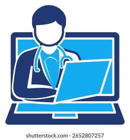 Ícone de telessaúde representado pelo médico no estilo Dualtone da tela do laptop.