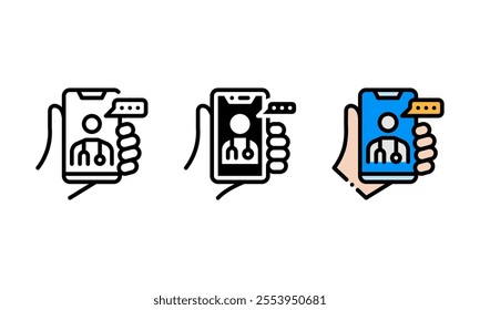 telehealth icon. vector icon with outline, glyph, and filled outline style. represented by a hand holding a smartphone and communicating with a doctor online. healthcare concept