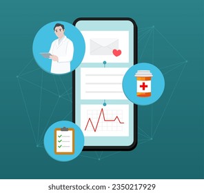 Concepto de atención de la salud de la interacción telesalud para el paciente. Acceso del paciente a documentos de telemedicina, médicos, recambios de recetas, consultas vía smartphone. Ilustración vectorial moderna plana