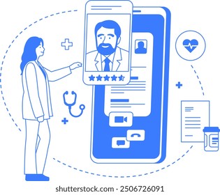 Telehealth isolated line art illustration. Choose, rate and review doctor. Mobile application, online medical consultation. Telemedicine one color graphics with icons. Editable stroke.