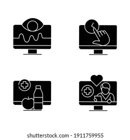  Telehealth line icons set. Healthcare organizations platforms. Remote healthy check. Telemedicine, health care concept. Online medical examinations. Isolated silhouette vector illustration