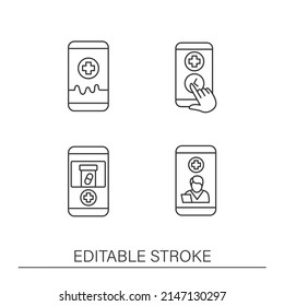 Telehealth Line Icons Set. Virtual Medical Consultation. Online Medical Examinations. Medicine Concepts. Isolated Vector Illustrations. Editable Stroke