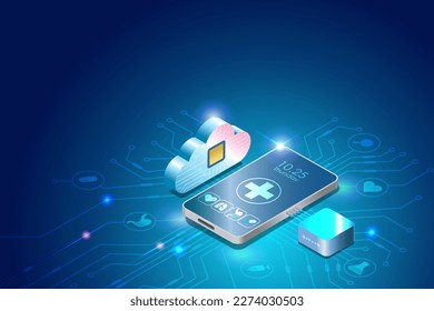 Telehealth. Medical cybernetics innovation technology service on smartphone with cloud computing. Online diagnosis patient, digital healthcare and virtual hospital. 3D isometric vector.