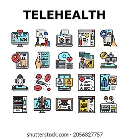 Telehealth Medicine Treatment Icons Set Vector. Telehealth Remote Video Consultation And Examining, Patient Consent And Robotic Surgery, Drug Delivery And Vending Machine Line. Color Illustrations