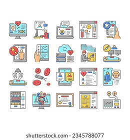 Telehealth Medicine Treatment Icons Set Vector. Telehealth Remote Video Consultation And Examining, Patient Consent And Robotic Surgery, Drug Delivery And Vending Machine Line. Color Illustrations