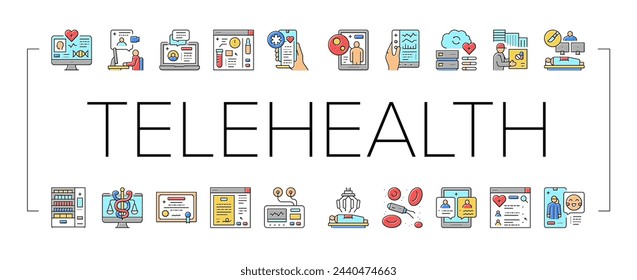 Telehealth Medicine Treatment Icons Set Vector. Telehealth Remote Video Consultation And Examining, Patient Consent And Robotic Surgery, Drug Delivery And Vending Machine Line. Color Illustrations