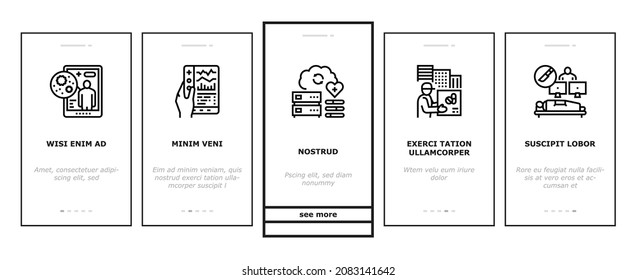 Telehealth Medicine Treatment Onboarding Mobile App Page Screen Vector. Telehealth Remote Video Consultation And Examining, Patient Consent And Robotic Surgery, Drug Delivery Illustrations