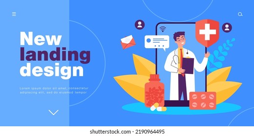 Telehealth mobile app with doctor on phone screen. Online advices of man with stethoscope flat vector illustration. Telemedicine, healthcare concept for banner, website design or landing web page