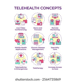 Telehealth multi color concept icons. Providing remote service of patient care. Icon pack. Telemedicine work. Vector images. Round shape illustrations for promotional material. Abstract idea