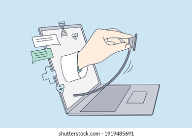 Telehealth, Online doctor, Virtual healthcare concept. Hand of doctor medical worker with stethoscope examining remote patient from laptop screen making online consultation illustration