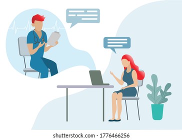 Telehealth, online virtural doctor consultation concept. Doctor diagnose patient woman via remote virtual interface on laptop computer. Idea for virtual hospital, healthcare and medical service.