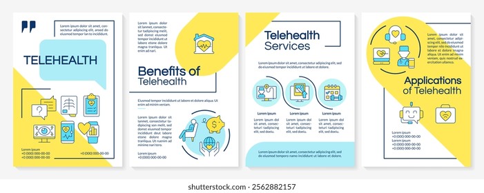 Telehealth for patients blue and yellow brochure template. Digital technology in medical services. Leaflet design with linear icons. Editable 4 vector layouts