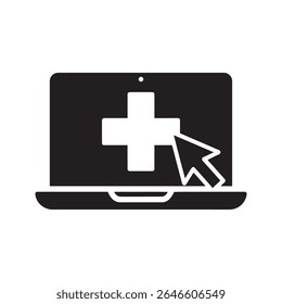 Telehealth service glyph icon showing medical cross on laptop screen for virtual consultation and online doctor vector illustration vector solid glyph icon
