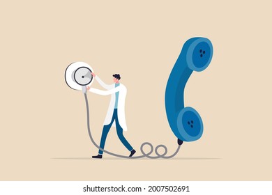 Telehealth service that doctor can diagnose illness or consult patient via telephone call or internet conference concept, doctor holding stethoscope connect with big telephone.