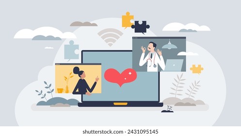 Telehealth services using videocall to talk with doctor tiny person concept. Telemedicine technology as fast and effective remote method for consultation vector illustration. Healthcare specialist.