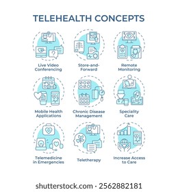 Telehealth soft blue concept icons. Providing remote service of patient care. Icon pack. Telemedicine work. Vector images. Round shape illustrations for promotional material. Abstract idea