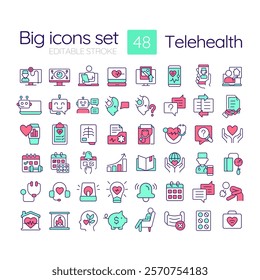 Telehealth technology RGB color icons set. Access to online services for patients. Consultation via chatbots. Isolated vector illustrations. Simple filled line drawings collection. Editable stroke