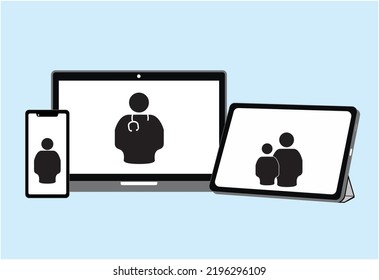 Telehealth Or Telemedicine With Computer, Ipad, Phone. Doctor And Patients. Vector And Illustration, Icon