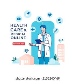 Telehealth, Telemedicine, Online Doctor, Online Clinic And Medical Service Online. Healthcare, Medical, Telemedicine, Telehealth Concept. Patient Consultation. Hand Draw Style. Vector Illustration.