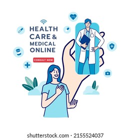 Telehealth, telemedicine, online doctor, online clinic and medical service online. Healthcare, medical, telemedicine, Telehealth concept. Patient consultation. Hand draw style. Vector illustration.