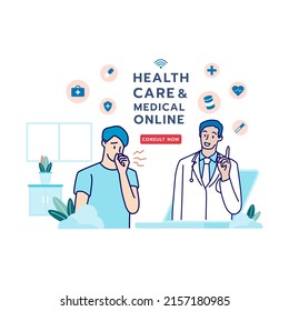 Telehealth, telemedicine, online doctor, online clinic and medical service online. Healthcare, medical, telemedicine, Telehealth concept. Patient consultation. Hand draw style. Vector illustration.