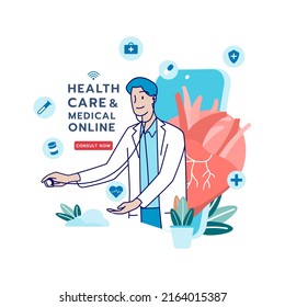 Telehealth, telemedicine, online doctor, online clinic and medical service online. Healthcare, medical, telemedicine, Telehealth concept. Patient consultation. Hand draw style. Vector illustration.