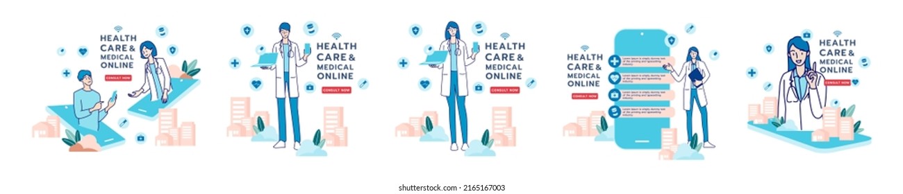 Telehealth, Telemedicine, Online Doctor, Online Clinic And Medical Service Online. Healthcare, Medical, Telemedicine, Telehealth Concept. Patient Consultation. Hand Draw Style. Vector Illustration.