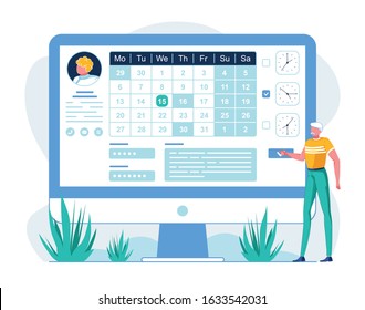 Telehealth Website User Flat Vector Illustration. Retired Patient Studying Doctor Profile and Available Appointment Dates Online. Innovative Telemedicine Services. Convenient Meeting Time Choice