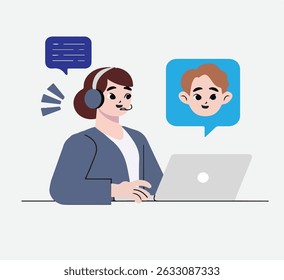 Telemarket Vektor Stok With Women Colour Blues - Call Center Woman in Office – Vector Customer Service Scene - Detailed vector illustration of a woman working in a modern call center office.