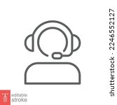 Telemarketer icon. Simple outline style. Call center operator with headset, customer service, telemarketing concept. Thin line, linear symbol. Vector illustration isolated. Editable stroke EPS 10.