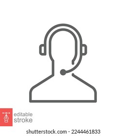 Telemarketer icon. Simple outline style. Call center operator with headset, customer service, telemarketing concept. Thin line, linear symbol. Vector illustration isolated. Editable stroke EPS 10.