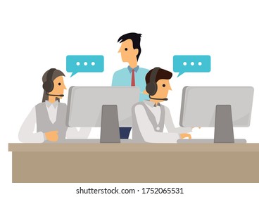 Equipo de telemarketer o agentes de ventas en el lugar de trabajo con auriculares en el centro de llamadas hablando con clientes. Oficina de ayuda, concepto de jornada laboral. Ilustración vectorial de caricatura plana aislada.