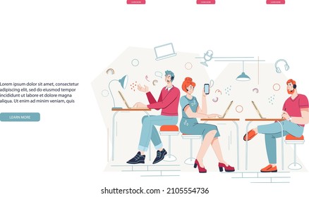 Telemarketers Giving Support Or Consultation To Customers And Service Users. Helpdesk Or Call Center. Virtual Sales Management Team In Call Center, Telemarketing Website Page, Vector Illustration.