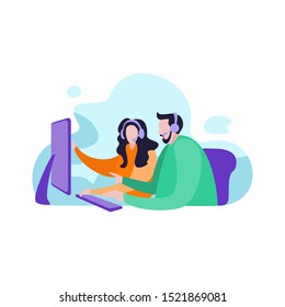 Telemarketers icon web. telemarketers woman and man cute symbol design. Can be used in banner web and mobile Concept of referral marketing promotion. Group of people or customers holding laptop