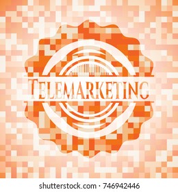 Telemarketing abstract emblem, orange mosaic background