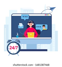 Telemarketing agent. Customer support operator helps client online 24/7. Hot line with man vector illustration. Woman from help desk communicates with man. Online reception. Student learns languages.