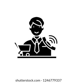 Telemarketing black icon, vector sign on isolated background. Telemarketing concept symbol, illustration 