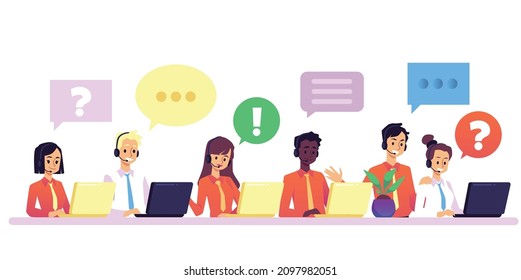 Telemarketing call center consultants team at work. Customer service or telemarketing agents making phone calls, flat vector illustration isolated on white background.