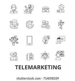 Telemarketing, call center, telesales, marketing, direct sales line icons. Editable strokes. Linear isolated signs